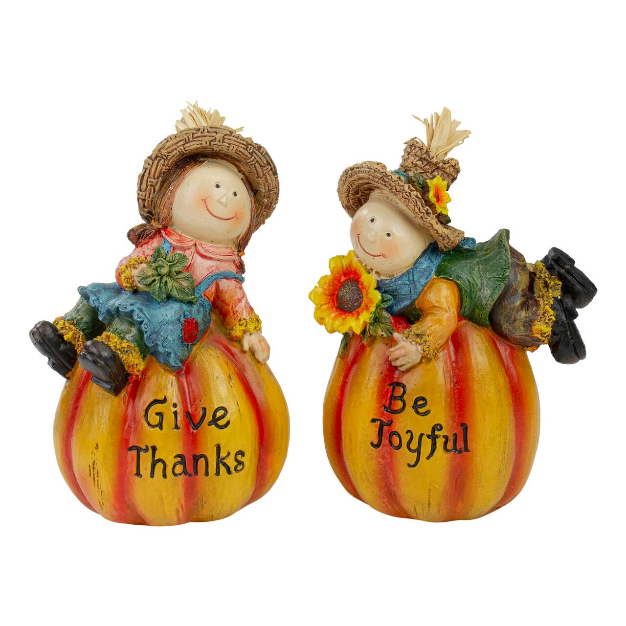 6.5" Girl & Boy Scarecrow Pumpkins Fall Figurines Set